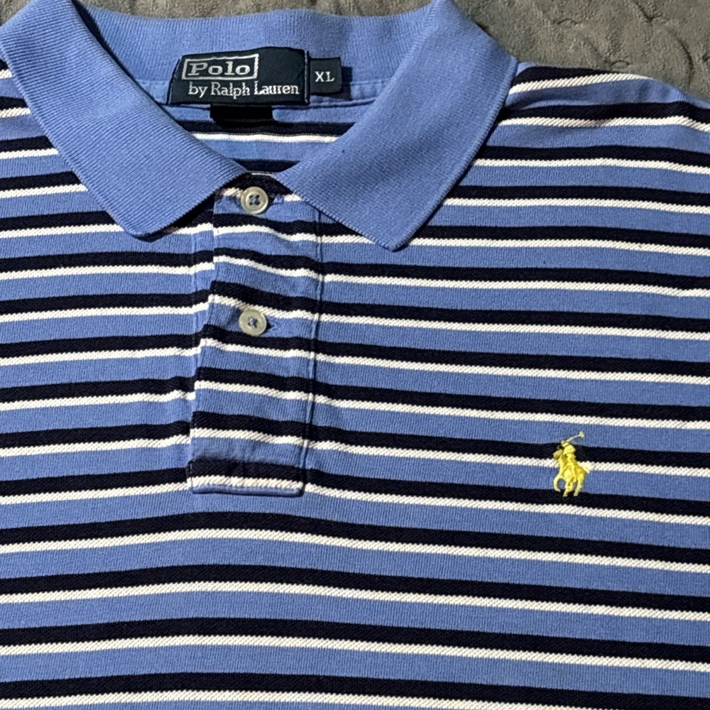 Polo Ralph Lauren Mens XL Blue‎ Striped Short Sleeve Cotton Pique Polo Shirt - Picture 3 of 7